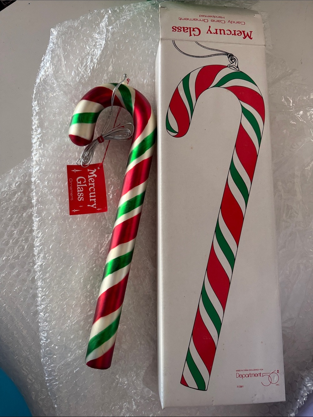 Mercury Glass Red, White & Green Candy Cane Ornament